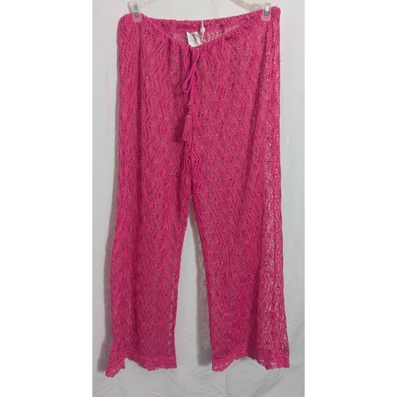 NWT Trina Turk Hot Pink Crochet Cover Up Wide Leg Pants Large E1 Swim Beach - Picture 1 of 5